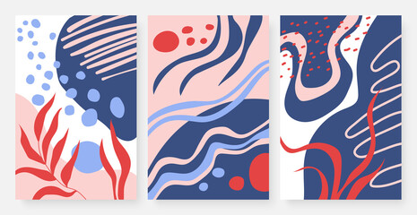 Dots, lines, curves and leaves vector illustration set. Trendy collage for art wall design in blue red white colors, minimalist hand drawing nature shapes, vertical fashion modern template background