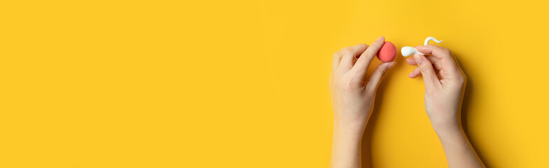 Female hands hold egg and sperm cell on yellow background with copy space. Infertility and...