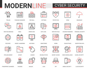 Cyber security red black outline line icons set