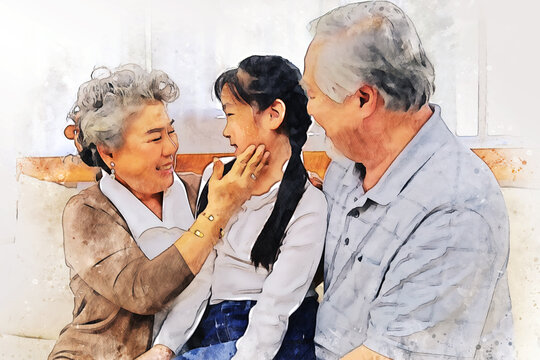 Abstract happiness Grandpa, grandma and granddaughter on watercolor illustration painting background.
