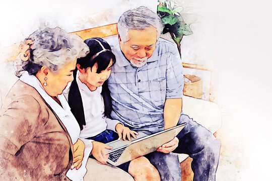 Abstract happiness Grandpa, grandma and granddaughter on watercolor illustration painting background.