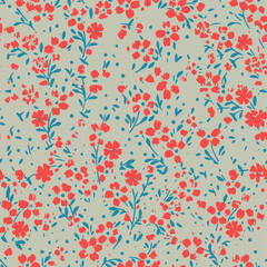 Seamless pattern with flowers, leaves. Abstract floral background. Summer print. Fabric design, wallpaper on natural linen texture as background
