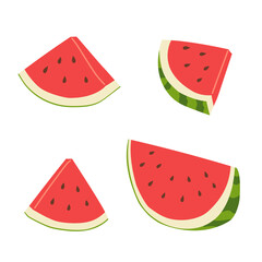Fresh juicy slises, parts of watermelon fruit. Set of vector illustrations in flat style isolated on white background. 