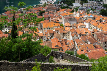 Fototapeta na wymiar View from the mountains to the old town of Kotor, Montenegro