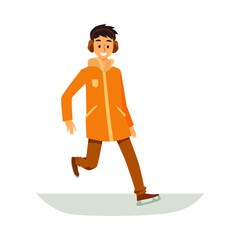 Male character skating on ice rink in fun holiday winter vacation.