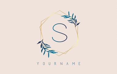 Letter S Logo with golden polygon frames and gradient blue leaves design.