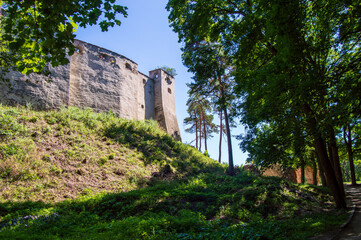 Fototapeta na wymiar road to the Boskovice castle ruins, Czech republic, blue sky, trees, castle on the hill, 