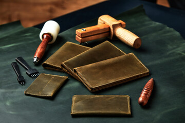 Set of handmade leather goods, key holder rings, wallet, purse, notepad, handbook. Handcrafted...