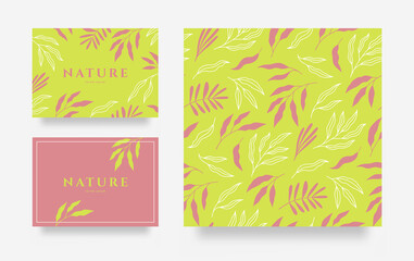 Vector set of labels or invitation cards and seamless pattern with floral elements. Suitable for package design, wallpaper, textiles, branding, event decoration. 