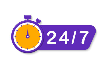24 7 service. 24-7 open, concept with timer. Banner 24 hours a day open. Vector Illustration.