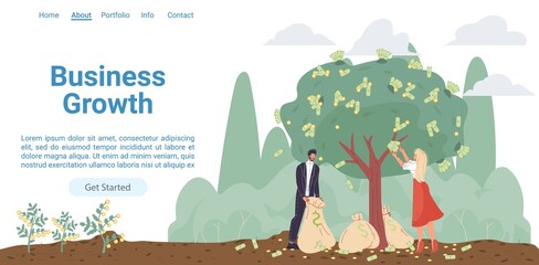 Vector cartoon flat business characters grows profit,harvesting money income from tree-financial future investment,startup,business growth concept for web online landing page template,site design