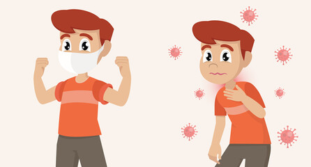 boy covering face with medical mask and showing strong and Sick boy not medical mask. Stop coronavirus.
