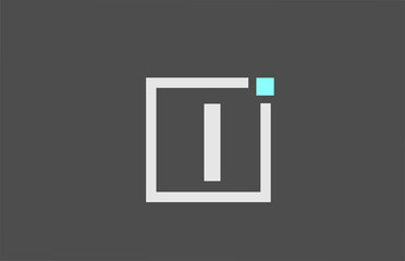 grey I alphabet letter icon logo. Square design for company and business identity with blue dot