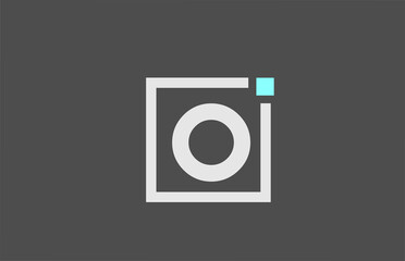 grey O alphabet letter icon logo. Square design for company and business identity with blue dot