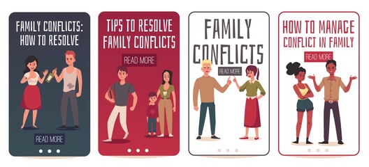 Onboarding screens set on topic of family conflict, flat vector illustration.