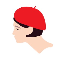 Young woman in red beret. Flat vector illuctration. Female headwear. Portrait from side to profile. Element of clothing or accessory. Person in headdress. Avatar of girl with hat, French fashion style