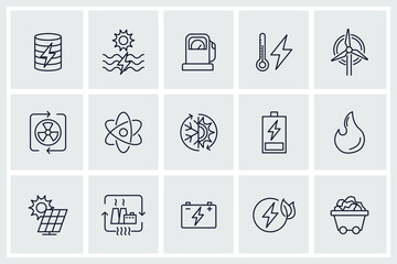 Set of Energy Types icon. Hydroelectric Power Station, Solar Cells and more. Energy Types pack symbol template for graphic and web design collection logo vector illustrationv