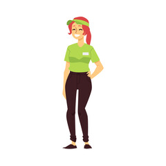Fast food worker in cap female character, flat vector illustration isolated.