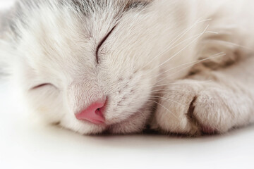 white sleeping kitten with pink nose