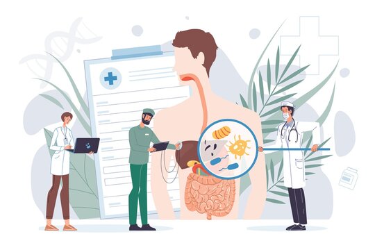 Cartoon flat doctor characters at work,physicians with medical devices in uniform lab coats study digestive system-human anatomy internal organ disease medical treatment and therapy concept