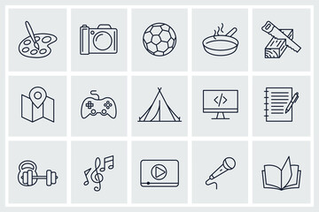 Set of hobby icon. Hobbies for children or people at home and outdoors. Sports, reading, drawing, music and singing, photo and video symbol template for graphic and web design collection logo vector