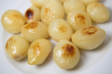 Preparing fresh white onions cooked on plate, High quality photo