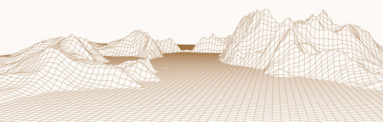 Wireframe landscape background. Digital landscape for presentations. Cyberspace grid. Vector illustration.