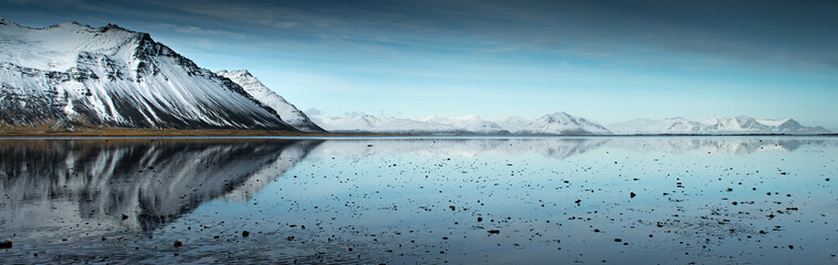 Lake reflecting mountains in Iceland