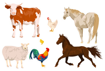 Farm animals set in flat style isolated on white background. realistic animals. Vector illustration. Cute cartoon animals collection: sheep, cow, horse, chick, chicken, rooster