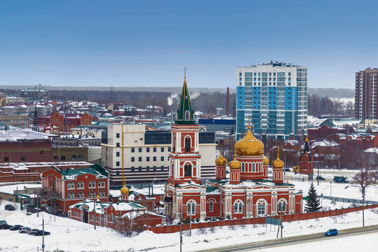 Top view of Barnaul and the Znamensky Convent on a winter day. Barnaul, Russia