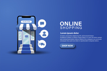 Online shopping concept, digital marketing with illustration of a shop on a smart phone. Blue Background
