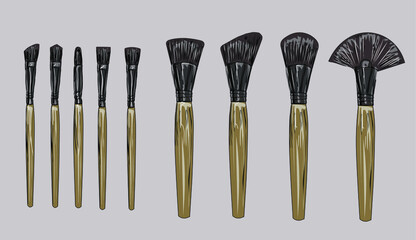Makeup brush vector mockups of beauty cosmetics 3d design. Blush, eyeshadow and contour, eyebrow comb, foundation, concealer and bronzer, angle, fan and flat realistic brushes, make up artist kit. 