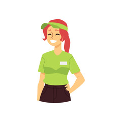 Half-figure portrait of friendly waitress, flat vector illustration isolated.