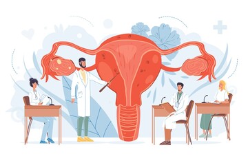Cartoon flat doctor characters at work,physicians with medical devices in uniform lab coats study uterus reproductive system-human anatomy internal organ disease medical treatment therapy concept