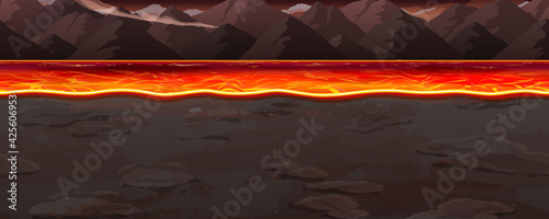 マグマ 溶岩の海の風景イラスト 横スクロールゲームの背景 シームレス Wall Mural ふわぷか