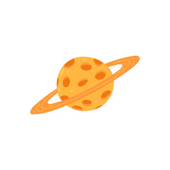 Saturn planet with craters and gas rings, flat vector illustration isolated.