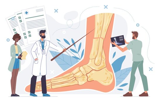 Cartoon flat doctor characters in uniform lab coats,physicians at work study x-ray photo of foot -anatomy radiography diagnostics concept