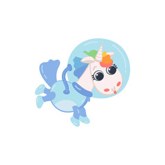 Childish funny unicorn astronaut in space suit flat vector illustration isolated.