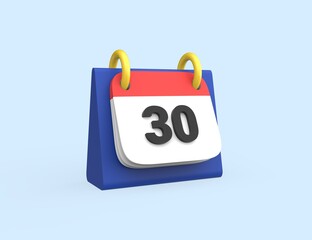 Calendar 3D render model icon isolated blue background