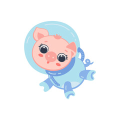 Cartoon pig astronaut, cute animal in space suit a flat vector illustration.