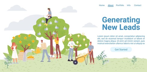 Vector cartoon flat farmer characters harvest like hand,rating star,idea lamp symbols from tree-lead management,social media marketing,smm creative web online landing page template design concept