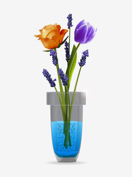 3D rose tulip and lavander glass vase on white background