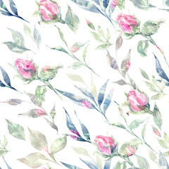 Fototapeta na wymiar Floral watercolor hand drawn background with flowers and petals. simple roses seamless pattern.