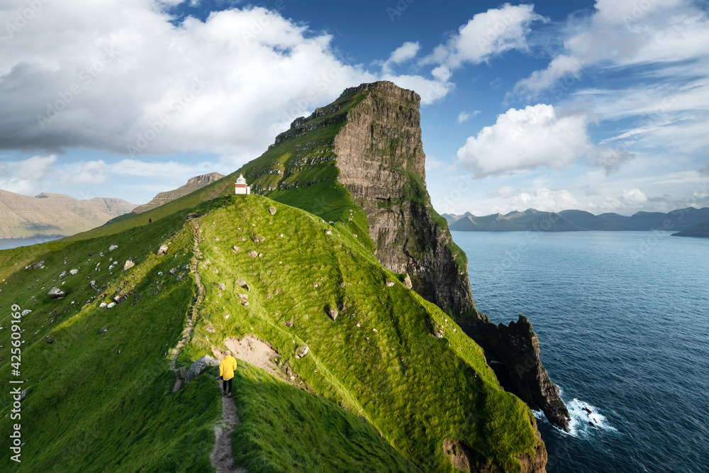 Wall mural Kallur lighthouse on green hills of Kalsoy island