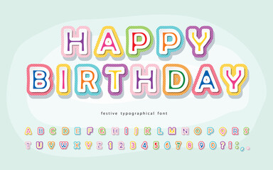 Cartoon font for kids. Happy Birthday. Paper cut out colorful alphabet. Vector