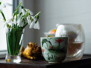 Beautiful white Snowdrops Galanthus flowers bouquet in glass vase close-up light background. Cozy home morning tea ceremony. Floral wallpaper Blooming plants with shadow on window.Spring greeting card