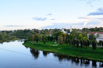 Fototapeta na wymiar View of the Volga River and the Krasnoarmeiskaya side of the city, Rzhev, Tver region, Russian Federation, September 19, 2020