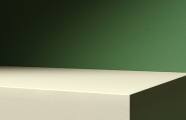3D illustration of wooden board corner at green wall lit by diagonal light stripe.