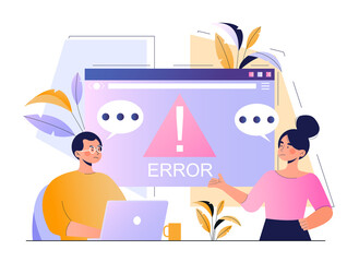 Male character with laptop is having critical error on computer screen