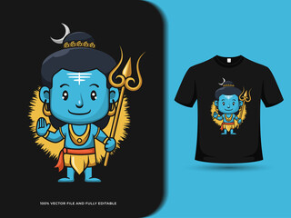 Cute lord Shiva with magic wand cartoon vector illustration with t shirt design template